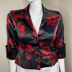 JS Collections Black with Red Roses Satin Blazer, size 10